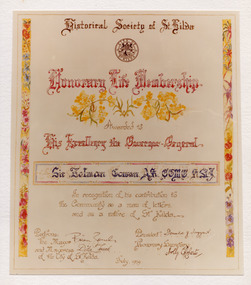 Document - Certificate, Historical Society of St Kilda Honorary Life Membership, 1979