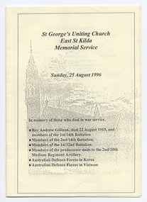 Ephemera - Program - religious service, St George's Uniting Church East St Kilda Memorial Service, 1996