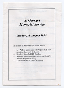 Ephemera - Program - religious service, St Georges Memorial Service, 1994