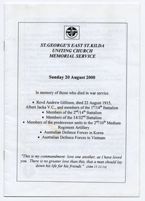 Ephemera - Program - religious service, St George's Uniting Church East St Kilda Memorial Service, 2000