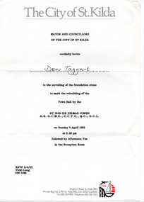 Ephemera - Invitation, Unveiling of foundation stone to mark the rebuilding of the Town Hall, 1992