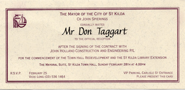 Ephemera - Invitation, Reception for the commencement of the town hall development and the St Kilda Public Library extension, 1992