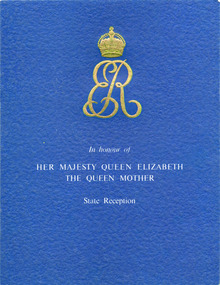 Gold Crown and letters ER on blue field, above the words printed in white, that read In Honour of Her Majesty Queen Elizabeth the Queen Mother, state reception