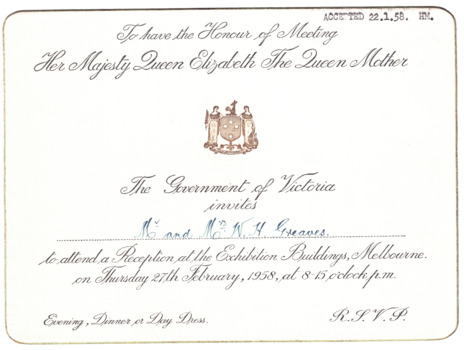 Cream coloured invitation card, with the coat of arms of Victoria, inviting Mr and Mrs WH Greaves to a reception at the Exhibition Building for Her Majesty the Queen Mother