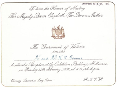 Cream coloured invitation card, with the coat of arms of Victoria, inviting Mr and Mrs WH Greaves to a reception at the Exhibition Building for Her Majesty the Queen Mother