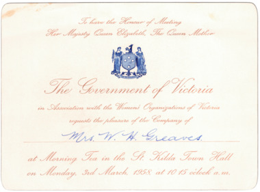 An invitation card with a gold border and printed in gold with the coat of arms of Victoria printed in blue