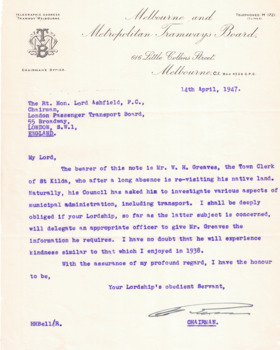 Cream coloured paper bearing the Letterhead and crest of the Melbourne and Metropolitan Tramways Board, introducing William Henry Greaves on his visit to Europe in 1947