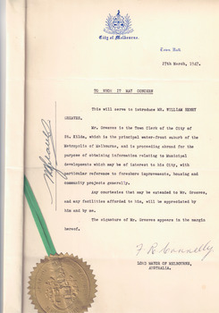 Credential issued to WH Greaves by the Lord Mayor of Melbourne for his visit to Europe in 1947