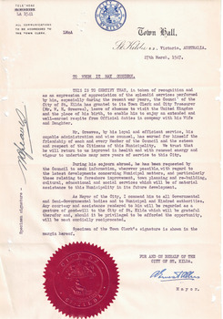 Letter on City of St Kilda letterhead from the Mayor, AE Allen, introducing Town Clerk WH Greaves on the occasion of his visit to Europe in 1947