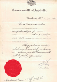 Letter of introduction bearing the Coat of Arms of Australia and the official Seal of the Commonwealth of Australia, introducing WH Greaves 