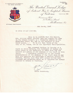 Letter addressed to whom it may concern, introducing WH Greaves 