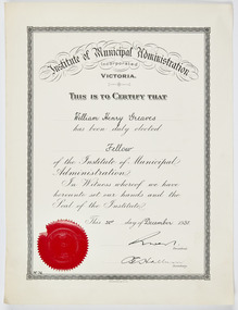 Document - Certificate, Institute of Municipal Administration electing WH Greaves as Fellow, 1937