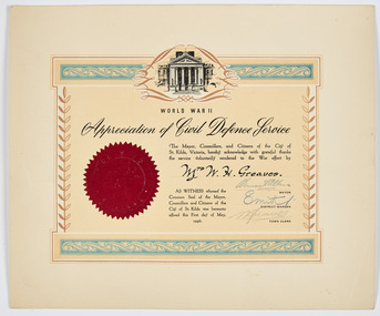 Document - Certificate, Certificate of Appreciation of Civil Defence Service, May 1946