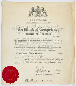 Document - Certificate, Certificate of Competency - Municipal Clerks Board, 1922
