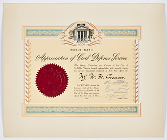 Document - Certificate, City of St Kilda, Certificate of Appreciation of Civil Defence Service - World War II, May 1946