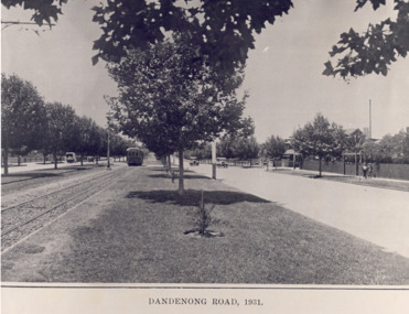 A black and white photograph of an earlier print, showing the central park in the middle of Dandenong Road, including trees and the tram tracks along with a tram several cars and some pedestrians walking by.
