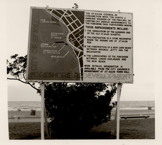 Photograph - St Kilda foreshore, Council notice of redevelopment, c1980s