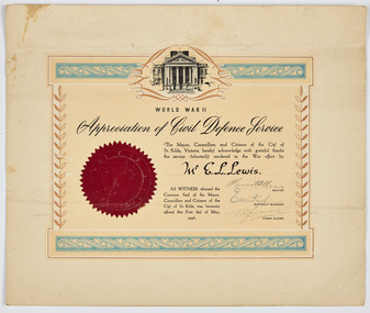 Document - Certificate, Appreciation of Civil Defence Service, 1946