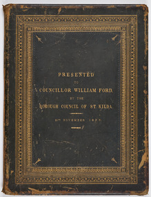 Document - Certificate, W Detmold Bookbinder Melbourne, St Kilda Borough vote of thanks to Councillor William Ford, 1866