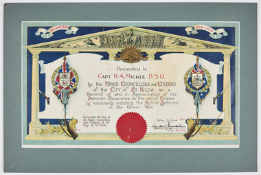 Document - Certificate, Presented to Capt K.A. Mickle D.S.O, c1919