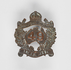 Badge - Military badge, Stokes & Sons medal makers, 49th (Prahran) Infantry hat badge, 1912-1918