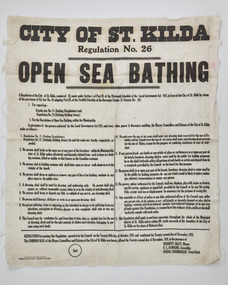 Administrative record - Notice of regulations, Wellman & Co. Printers, St Kilda Open Sea Bathing Regulations, 1926