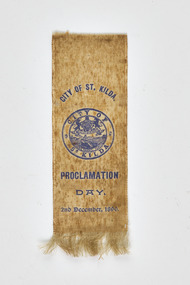 Souvenir - Ribbon, St Kilda Proclamation Day ribbon with letter, 1890?