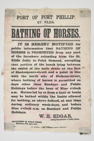 Administrative record - Notice of regulations, St Kilda Bathing of Horses regulations, 1911