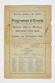 Ephemera - Sports event program, Queen's College, St. Kilda. Programme of Events at Annual Athletic Sports Meeting, 1899