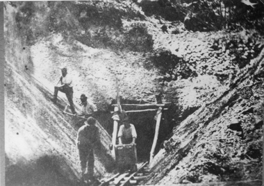Photograph, Water Supply Tunnel -- during Construction with 4 men working at tunnel entrance