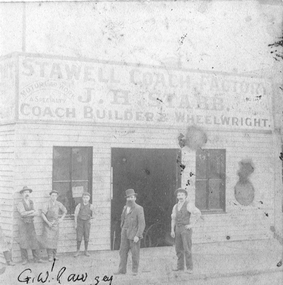 Photograph, J H Stabb Coach Building Shop with Mr Pawsey G. W. identified
