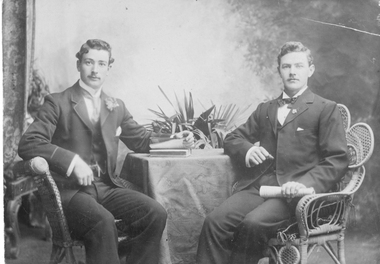 Photograph, Mr Jim Greenwood (Engine Driver at 3 Jacks Mine) on the right and his Unknown friend -- Studio Portrait