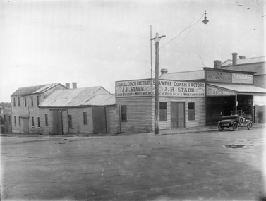 Photograph, J.H. Stabb coach building factory with car parked in front c1920's, c 1920's