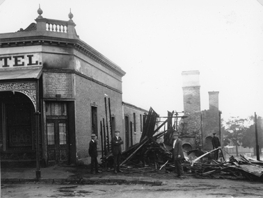 Photograph, Mr Gustav Mahnke’s Bakery Shop on the corner of Main & Wimmera Streets Stawell -- burnt out by fire 1922, 1922