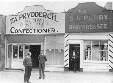 Photograph, Mr T. A. Prydderch Confectioner and S.G. Perry Hairdresser shops in Main Street