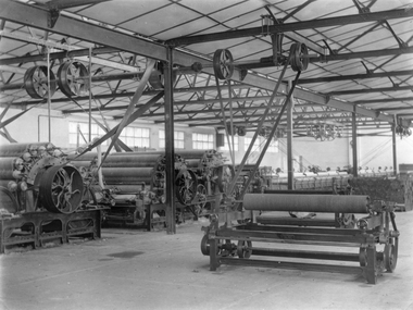 Photograph, North Western Woollen Mills in the Work Room with machinery