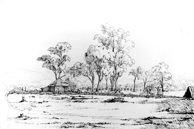 Photograph, "Moke-Billy" Station in the Grampians owned by Mr. Rose -- Sketch 1844 at National Gallery of Victoria