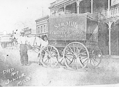Photograph, Mr Samuel Mills and his son Ted on horse drawn "Sam Mills Fruitier & Greengrocers" cart in Main Street