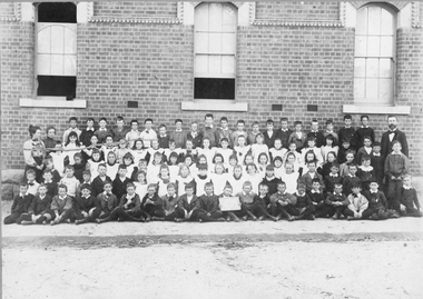 Photograph, Stawell State School Number 502 students in front of school building. Unknown Year c 1897