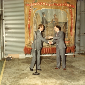Photograph, Mr Brian Micke Western Mining Manager left shaking hands with David White MLA Minister of Mines