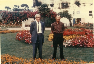 Photograph, Mr Horrie Hunt & Mr Bill Twomey in Central Park behind No1 Grandstand  -- Coloured