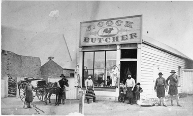 Photograph, Mr J Cocks wooden Butchers Shop in Main Street Stawell on West side of Town Hall