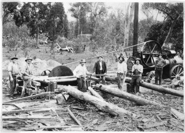 Photograph, Saw Mill near Fyans Creek -- typical mill of the era powered by Steam Traction Engine & belt driven saw c1880