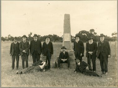 Photograph, "Peace" Memorial on Halls Gap Road built 1919 at site of old Treasury Building Commercial Street Pleasant Creek c1922
