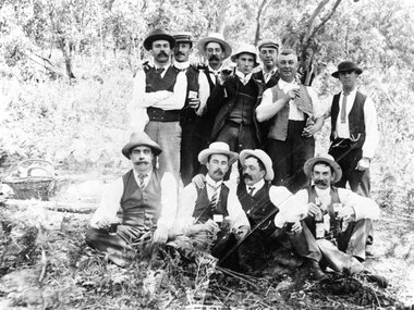 Photograph, Group of Men in the Bush with picnic basket 1903