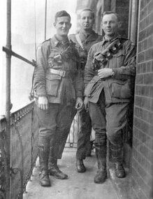 Photograph, Three Soldiers -- Mr Stuart Kingsley Mitchell with Mr William A Syme & Mr Thomas 'Clem' Phillips in WW 1 uniforms