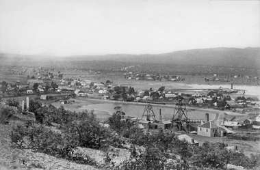 Photograph, Panorama of Stawell Township with Poppet heads & Government Dam, later No2 Reservoir at centre of photo1878