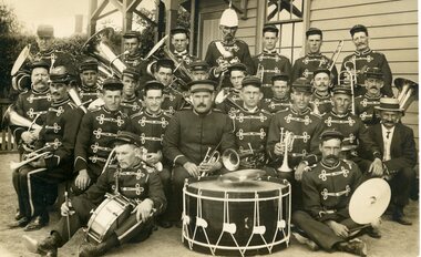 Photograph, Stawell Brass Band after winning the Vic Contest New Years Day at Ararat 1909 under band master Quinn