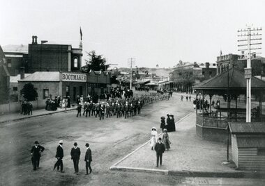 Photograph, Bandsmen leading Senior and Junior Cadets in Main Street Stawell looking East from Memorial Area 1908