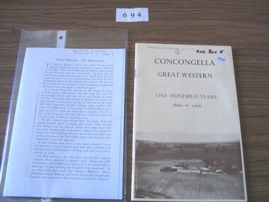 Book, Thompson Family, Concongella Great Western One Hundred Years 1866 – 1966, 1965